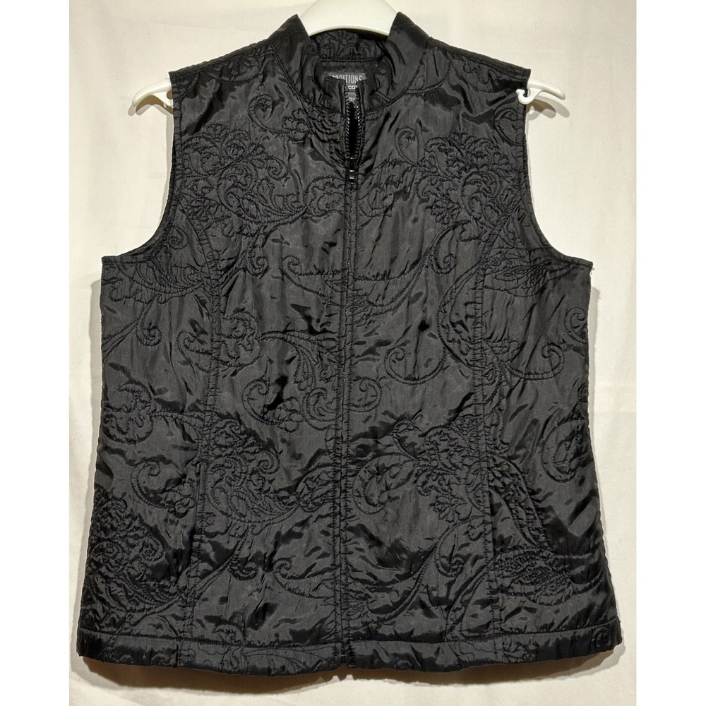 Black Embroidered Quilted Vest Zip Chico's Sz M or 1 Satin Lined Fitted Style